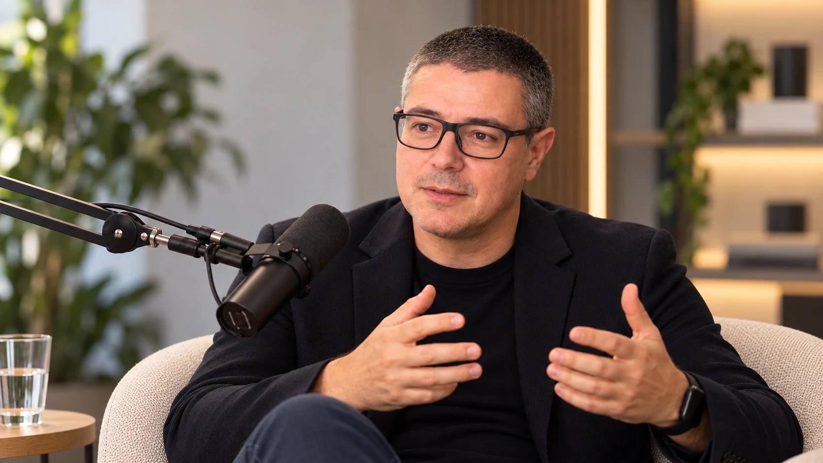 Jordi Cuenca parlant davant d'un micròfon durant una conversa professional